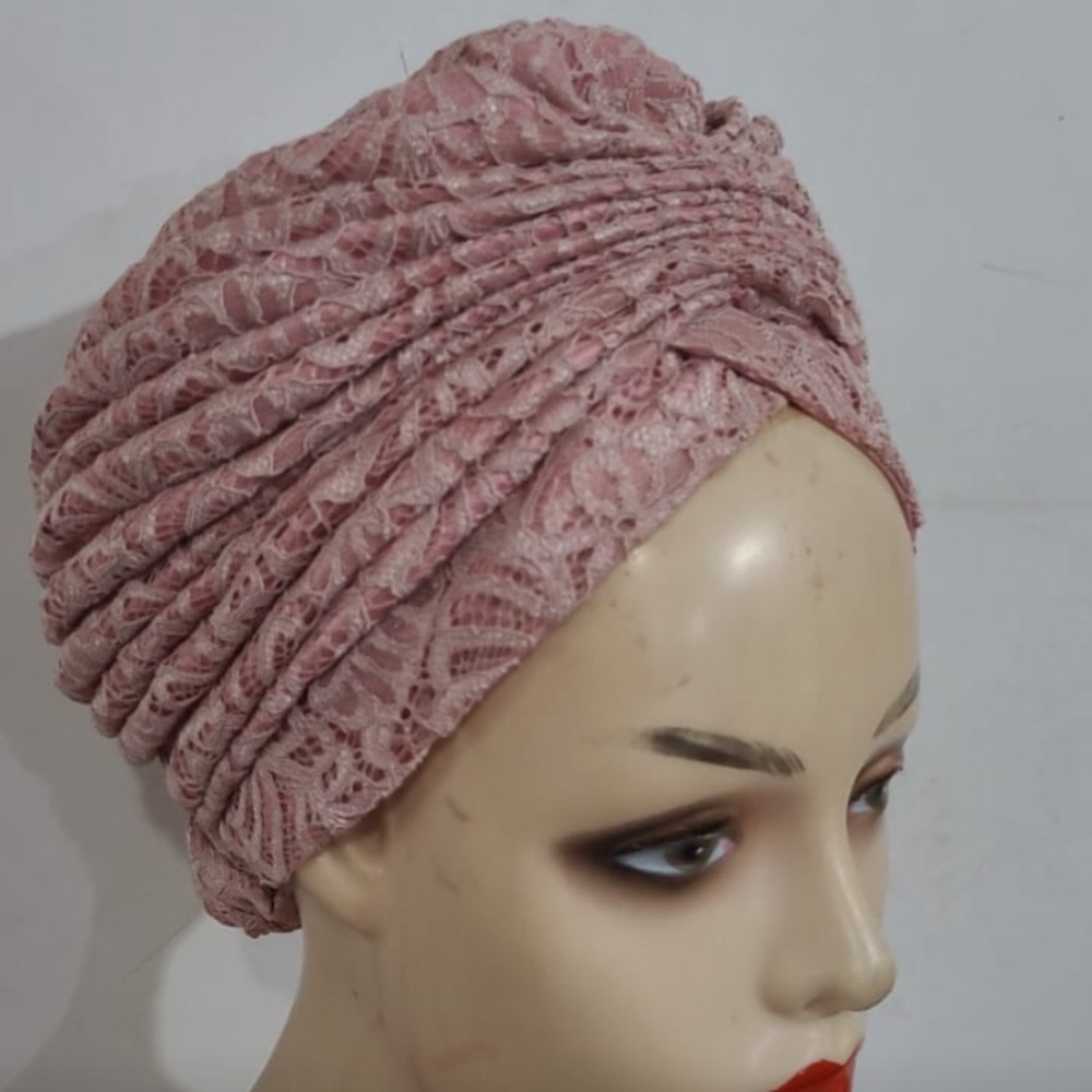 Ruched Lace Turban Headwrap in Dusty Rose